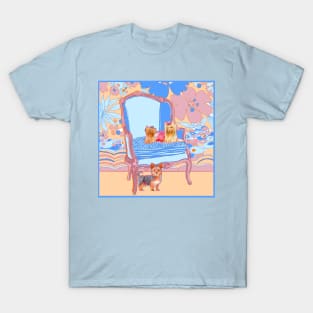 Yorkie Dogs on a French Chair with Floral Wallpaper T-Shirt